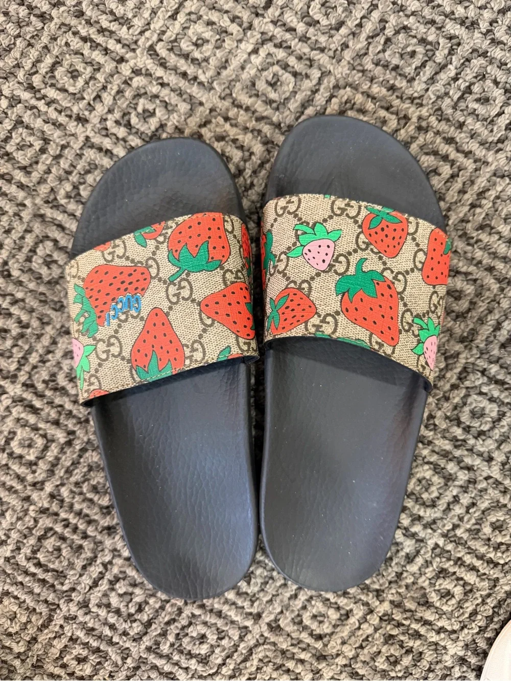 Gucci Strawberry Print Slide Sandals in Black and Red